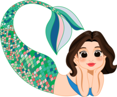 Cartoon character with cute mermaid princess with colorful hair and tail png