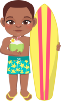 strand zwart jongen in zomer vakantie. Amerikaans Afrikaanse kinderen Holding surfboard en kokosnoot sap tekenfilm karakter ontwerp png