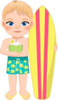 strand jongen in zomer vakantie. kinderen Holding surfboard en kokosnoot sap tekenfilm karakter ontwerp png