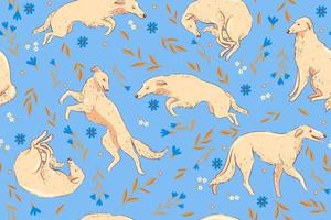 Seamless pattern with borzoi and flowers. Vector graphics.
