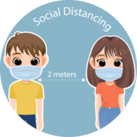 Social Distancing with boy and girl cartoon character flat icon PNG