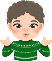 Merry Christmas cartoon design with Excite boy wear a green sweater cartoon png