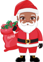 American African Santa Claus holding bag with presents and smiling cartoon character PNG