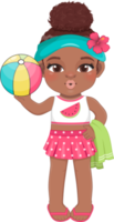 Beach black girl in summer holiday. American African kids holding colorful ball cartoon character design png