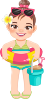 Beach girl in summer holiday.  Kids holding rubber ring cartoon character design png