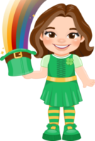 st. patrick s dia com Castanho curto cabelo menina dentro irlandês fantasias segurando arco Iris duende chapéu desenho animado personagem Projeto png