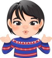 alegre Navidad dibujos animados diseño con excitar niña vestir un rojo y azul suéter dibujos animados png