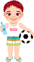 de praia Garoto dentro verão feriado. crianças segurando futebol e água garrafa desenho animado personagem Projeto png