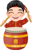 Chinese boy play ancient drum with sticks traditional lion dance cartoon png