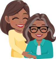 Cartoon character with Old American African Mom and daughter embrace. Mother is day concept png