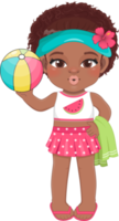 playa negro niña en verano día festivo. americano africano niños participación vistoso pelota dibujos animados personaje diseño png