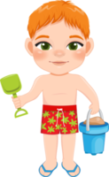 Beach black boy in summer holiday. Kid holding sand bucket cartoon character design png