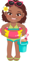 Strand schwarz Mädchen im Sommer- Urlaub. amerikanisch afrikanisch Kinder halten Gummi Ring Karikatur Charakter Design png