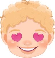 mignonne garçon visage et blond cheveux chute dans l'amour. mignonne dessin animé garçon avec en forme de coeur yeux et souriant dessin animé personnage conception png