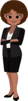 Flat icon with African American cute businesswoman cartoon character in office style smart black suit and crossed arms pose. png