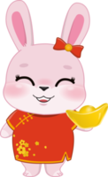 Pink Rabbit Girl Holding China gold bar money or Chinese gold Ingot cartoon png