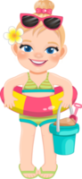 Beach girl in summer holiday.  Kids holding rubber ring cartoon character design png