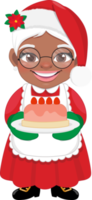 American African Mrs. Claus holding strawberry cake and smiling cartoon character PNG