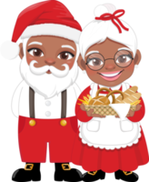 American African Santa in Casual Wear and Mrs.Claus holding Bakery Basket Cartoon Character PNG