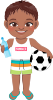 Beach black boy in summer holiday. African American kids holding football and water bottle cartoon character design png
