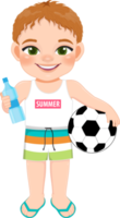 Beach boy in summer holiday. Kids holding football and water bottle cartoon character design png