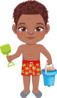 Beach black boy in summer holiday. American African kid holding sand bucket cartoon character design png