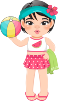 Beach girl in summer holiday. Kid holding colorful ball cartoon character design png