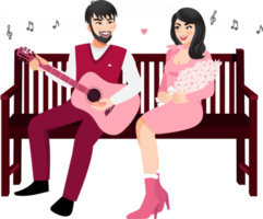 San Valentino S giorno Festival con un' coppia seduta su legna sedia. amante canta un' canzone insieme cartone animato personaggio png