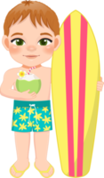 strand jongen in zomer vakantie. kinderen Holding surfboard en kokosnoot sap tekenfilm karakter ontwerp png