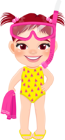strand meisje in zomer vakantie. kind Holding handdoek en vervelend scuba bril tekenfilm karakter ontwerp png