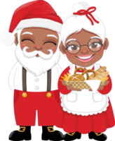 American African Santa in Casual Wear and Mrs.Claus holding Bakery Basket Cartoon Character PNG