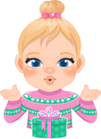 alegre Navidad dibujos animados diseño con excitar niña vestir un rosado pastel suéter y regalo caja dibujos animados png