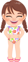 Cartoon happy little pigtail girl in a summer swimsuit png