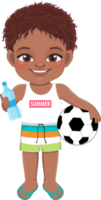 de praia Preto Garoto dentro verão feriado. africano americano crianças segurando futebol e água garrafa desenho animado personagem Projeto png