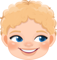 mignonne garçon visage et blond cheveux souriant , rouleau yeux à le droite main dessin animé personnage conception png