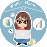 Work at Home with girl and laptop flat icon PNG