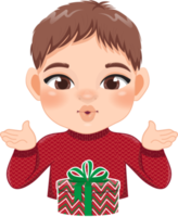allegro Natale cartone animato design con eccitare ragazzo indossare un' rosso maglione e regalo scatola cartone animato png
