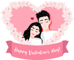 Valentine s Day festival with a couple relax pose in pink flower heart shape banner cartoon character png