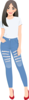 lindo menina dentro branco Camisetas e azul jeans png