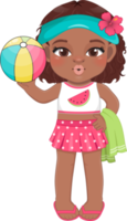 Beach black girl in summer holiday. American African kids holding colorful ball cartoon character design png