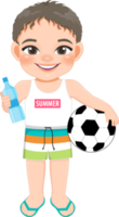 Beach boy in summer holiday. Kids holding football and water bottle cartoon character design png