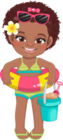Strand schwarz Mädchen im Sommer- Urlaub. amerikanisch afrikanisch Kinder halten Gummi Ring Karikatur Charakter Design png