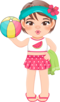 de praia menina dentro verão feriado. criança segurando colorida bola desenho animado personagem Projeto png