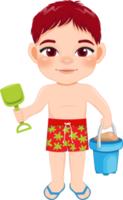 Beach black boy in summer holiday. Kid holding sand bucket cartoon character design png