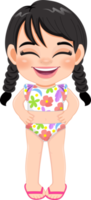 Cartoon happy little pigtail girl in a summer swimsuit png