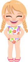 Cartoon happy little pigtail girl in a summer swimsuit png