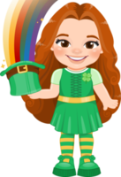 st. patrick s dia com vermelho grandes cabelo menina dentro irlandês fantasias segurando arco Iris duende chapéu desenho animado personagem Projeto png