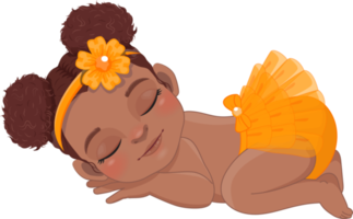 Cartoon character sleeping black baby girl wearing orange ruffled diaper cartoon png