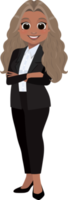 vlak icoon met Afrikaanse Amerikaans schattig zakenvrouw tekenfilm karakter in kantoor stijl slim zwart pak en gekruiste armen houding. png