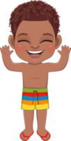 Cartoon happy little black boy in a summer swimsuit png